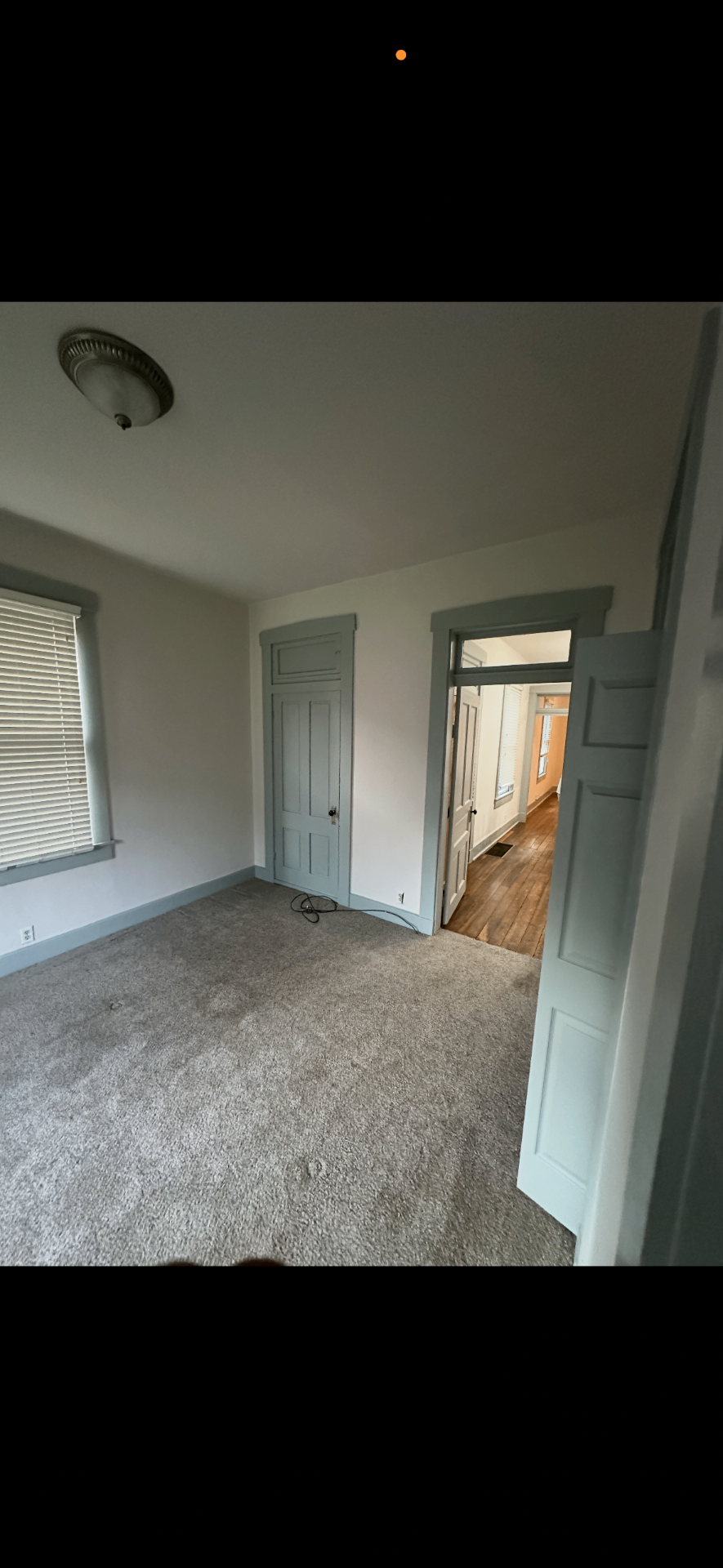 Carpeted bedroom before interior demolition